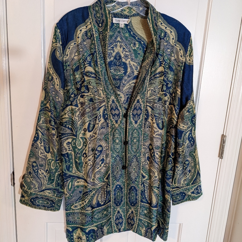 WOMEN'S, TRAVELSMITH, Tunic jacket, green & blue paisley, medium, EUC